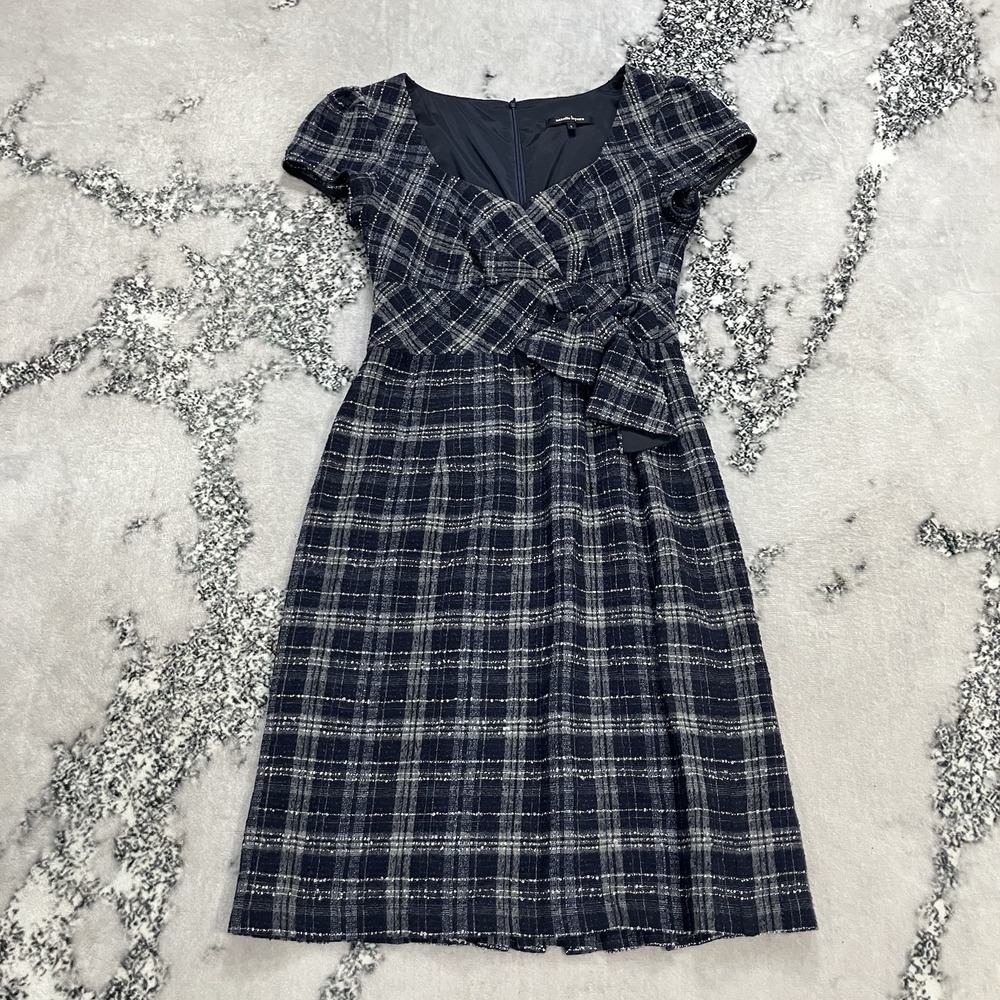 Nanette Lepore‎ Plaid Wool Blend Faux Wrap Bow Midi Dress Gray Blue Size 6